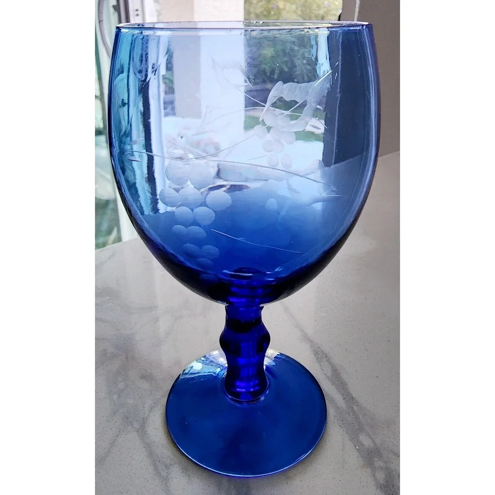 Vintage Etched Grapes Colbalt Blue Wine Glasses Set Of 3